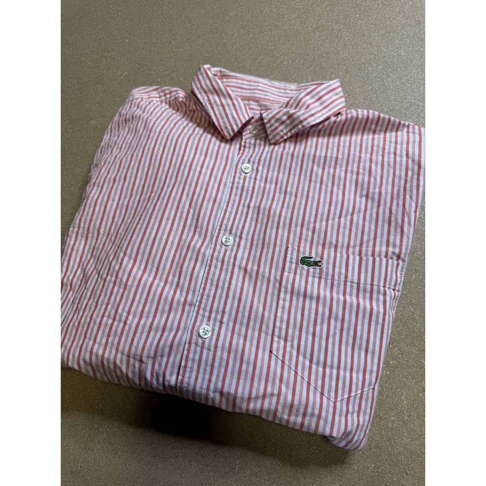 Lacoste Men's Regular Fit Pink White Stripe Button Down Shirt Size 42